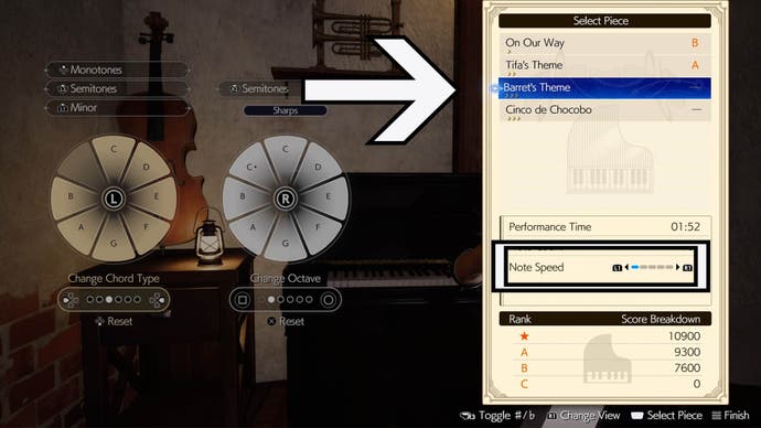 final fantasy 7 rebirth piano choose sheet music menu